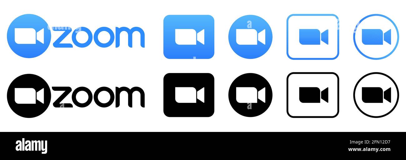 Vinnytsia, Ukraine - 10. Mai 2021: Zoom Video Communications. Anwendung für Video- und Audiokonferenzen, Chats und Webinare. Blaue und schwarze Kamera Stock Vektor