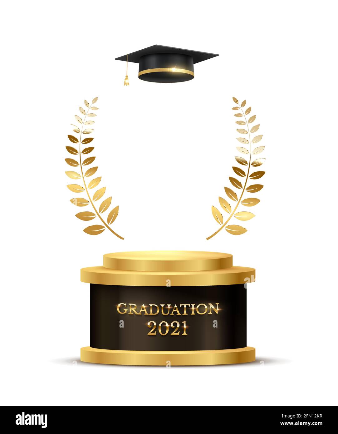 Banner zur Abschlussfeier 2021. Preiskonzept mit akademischem Hut, goldenem Podium und Lorbeerkranz unter glänzendem Glitzer auf dunklem Hintergrund Stock Vektor