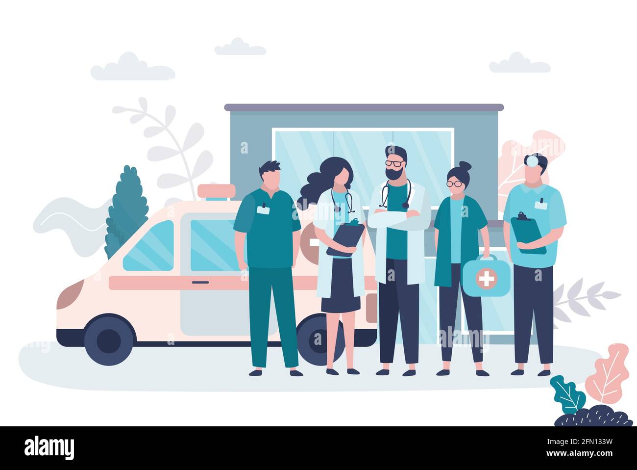 Ärzte für Männer und Frauen. Erste Hilfe, medizinisches Dienstleistungskonzept. Gruppe weiblicher und männlicher Charaktere in Uniform. Ambulanzwagen, Krankenhaus oder Privatklinik Stock Vektor
