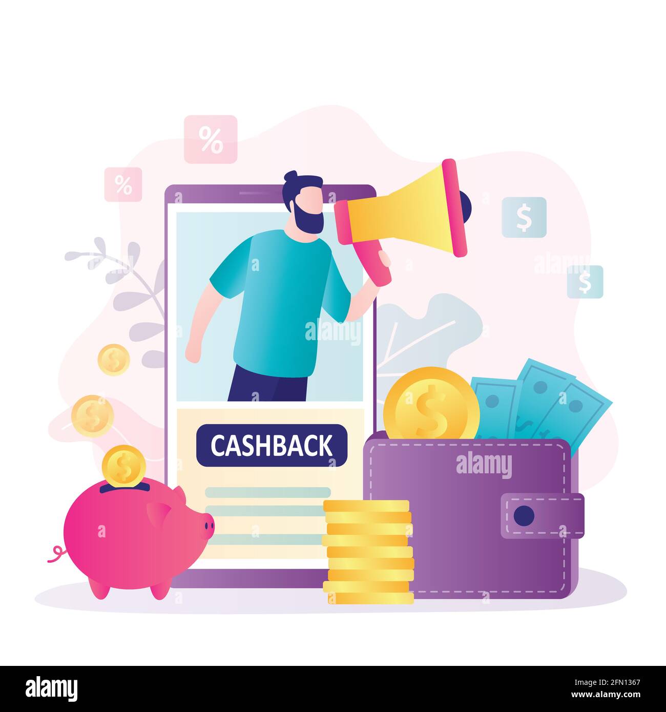 Сashback und Finanzmanagement, Konzeptseite. Smartphone-Bildschirm mit lustigen Mann Chat bot. Sparschwein, Geldbörse mit Geld und Münzen. Belohnung, Loyalität pro Stock Vektor
