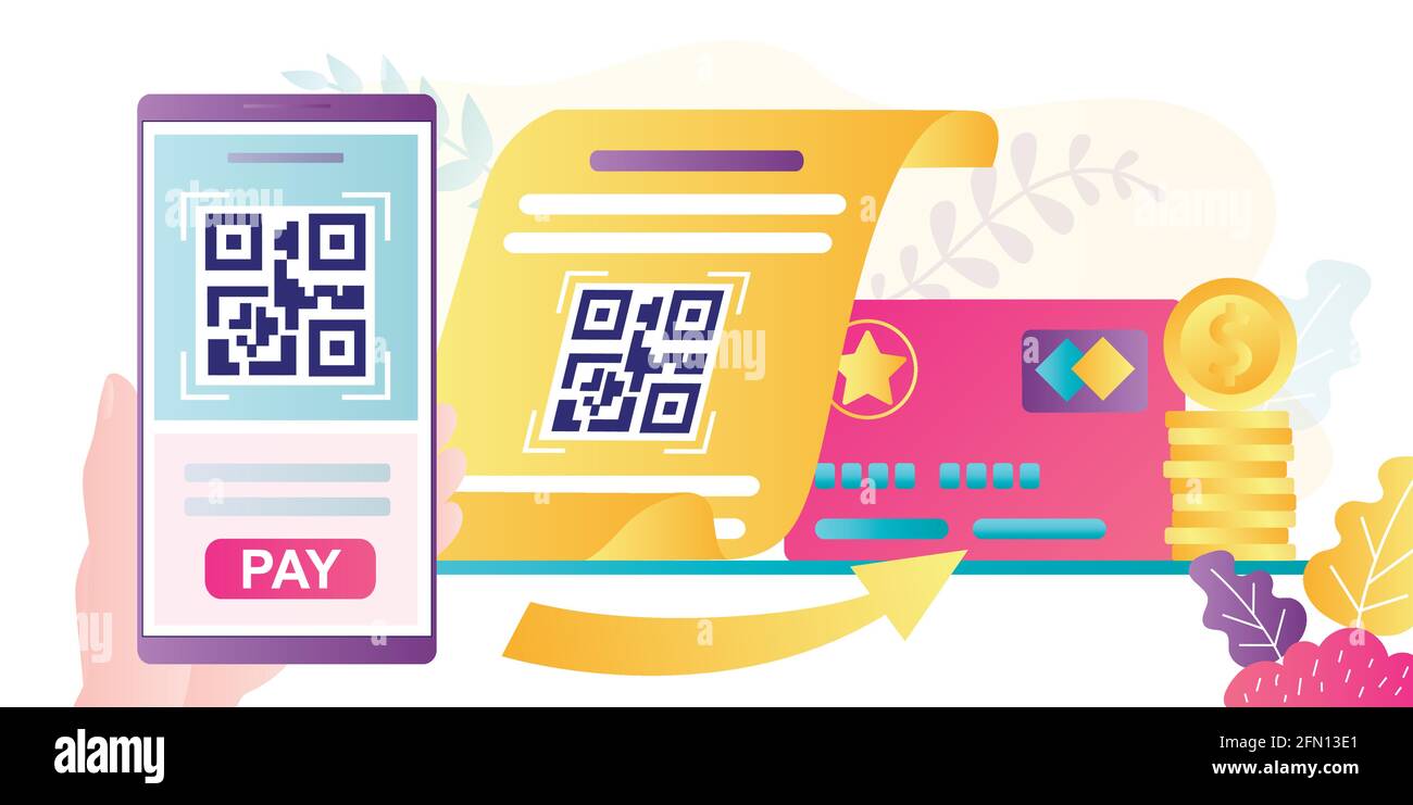 QR-Code-Scanning-Konzept. Smartphone in der Hand halten und Code scannen. Kontaktlose Zahlungen. Mobile Technologie für Internet-Zahlungen. Geeignet für Web-Landin Stock Vektor