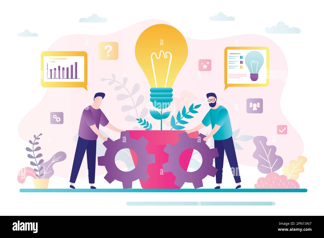 Teamarbeit, Brainstorming-Konzept. Neues Projekt, Büroarbeit. Büroangestellte bewegen große Gänge. Männliche Mitarbeiter generieren neue Ideen und Pläne.Geschäftsleute char Stock Vektor