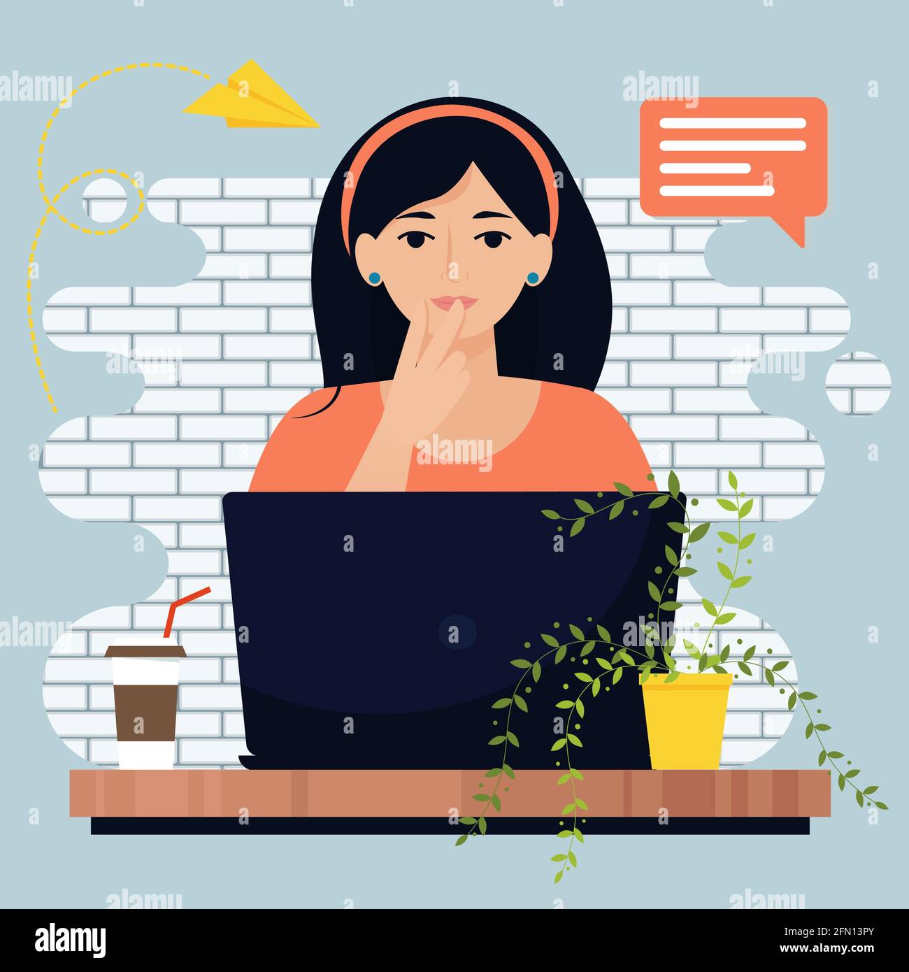 Denkende Frau mit Laptop. Niedliche Vektor-Illustration in flachem Stil Stock Vektor