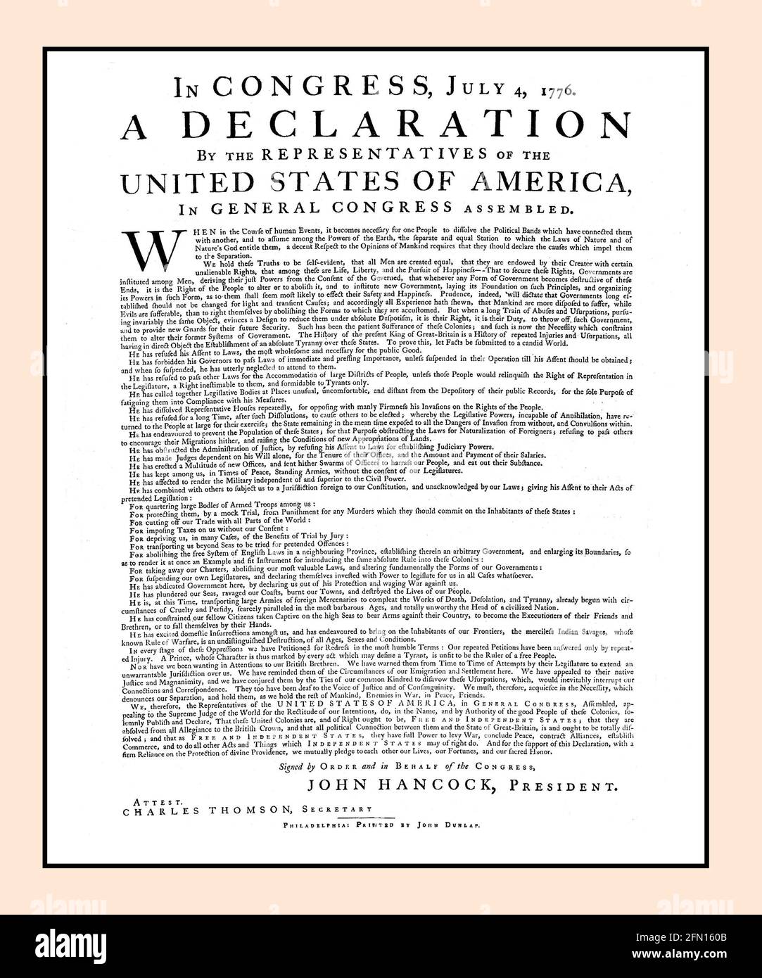 USA Declaration of Independence Dunlap Broadside aktualisiert und zurückgesetzt Stockfoto