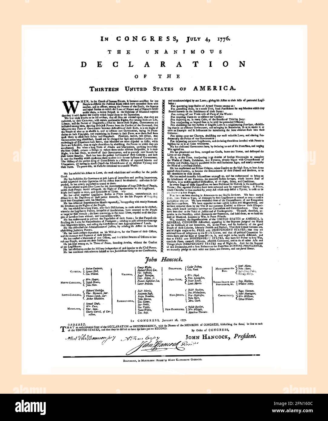 USA Declaration of Independence Goddard Broadside aktualisiert und zurückgesetzt Stockfoto