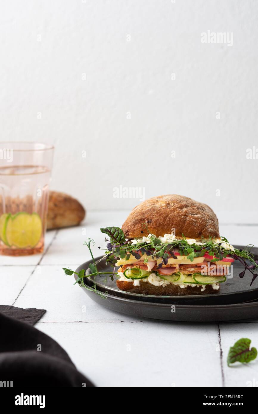 Brötchen mit Wurst, Käse und Gurken, Microgreens und Mozzarella und Radieschen, köstlicher herzhafter Burger aus nächster Nähe auf einem zu Hause gekochten Teller Stockfoto