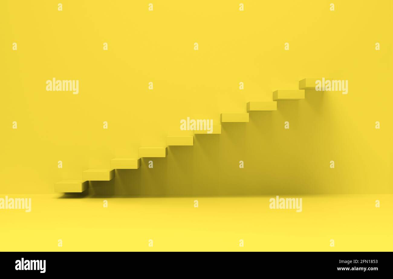 Treppen nach oben mit gelbem Hintergrund. Unternehmensanstieg, Zukunftserfolg. 3d-Rendering. Stockfoto