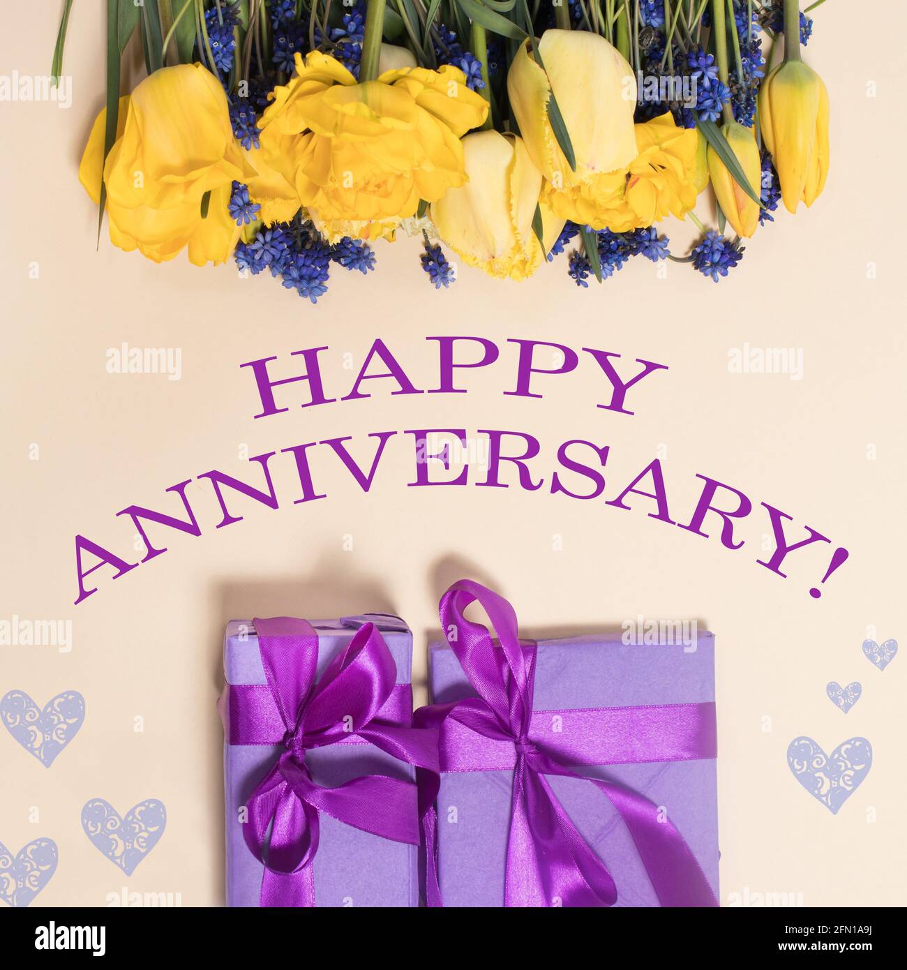 Quadratische Karte mit der Aufschrift Happy Anniversary auf einem Hintergrund Von gelben Blumen und lila Geschenken Stockfoto