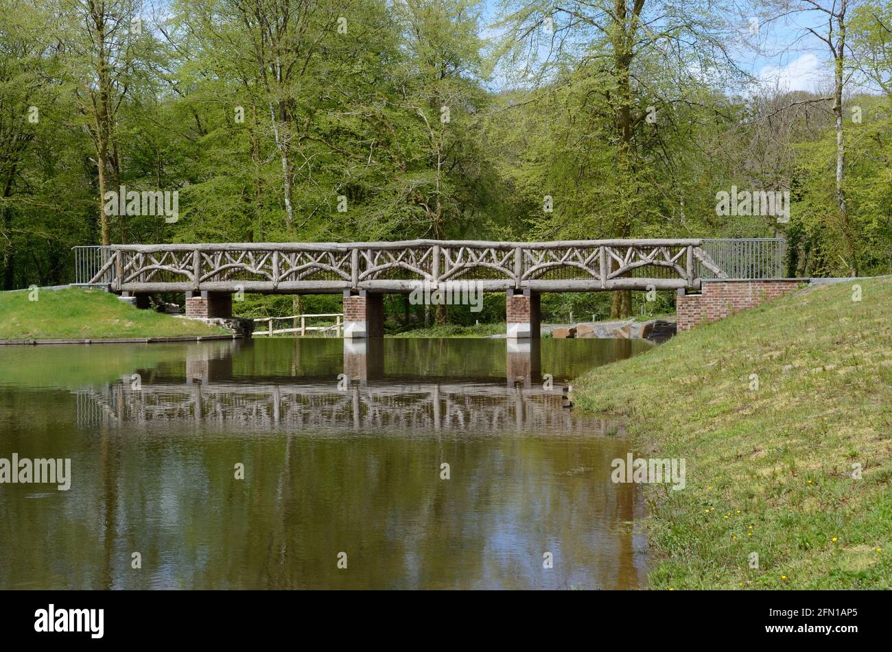 Rustikale Brücke über Llyn Felin Gat Felin Gat Lake Waun Las National Nature Reserve National Botanical Garden of Wales Carmarthenshire Wales Großbritannien Stockfoto