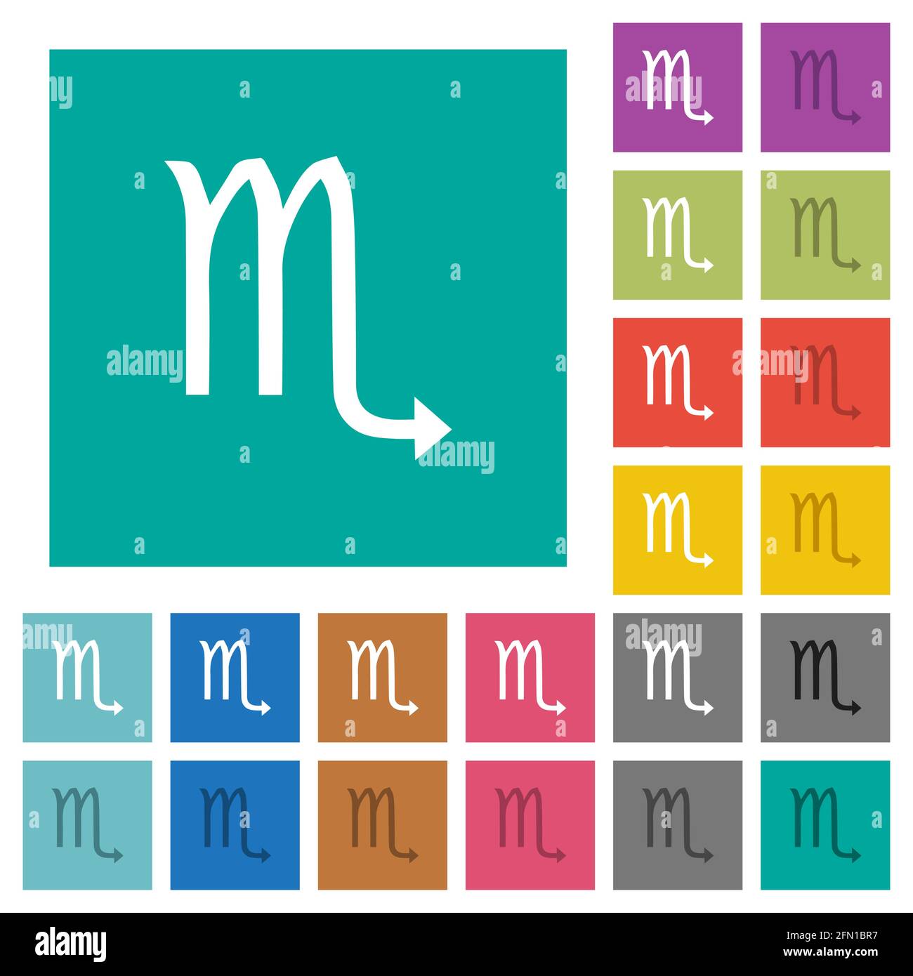 Scorpio Tierkreis Symbol mehrfarbige flache Symbole auf einfachen quadratischen Hintergründen. Weiße und dunklere Symbolvarianten für schwebe- oder aktive Effekte. Stock Vektor