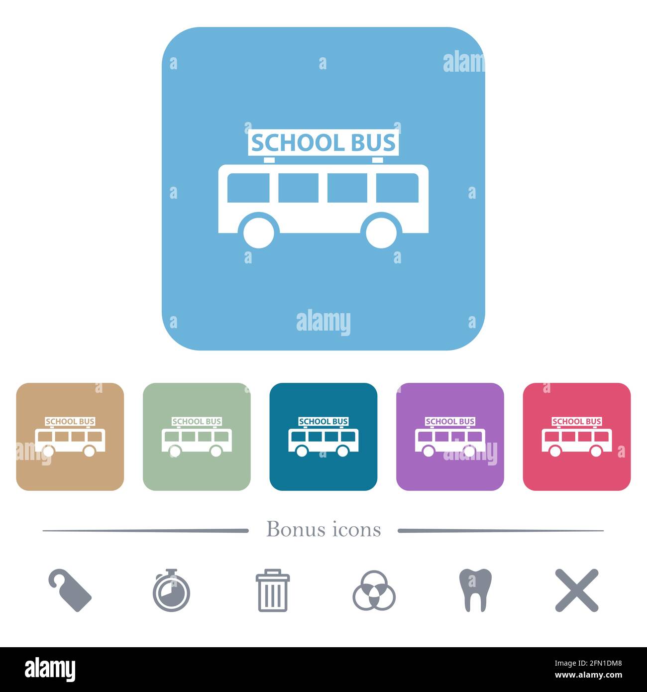 Schulbus Seitenansicht weiße flache Symbole auf farbigen abgerundeten quadratischen Hintergründen. 6 Bonus-Symbole enthalten Stock Vektor