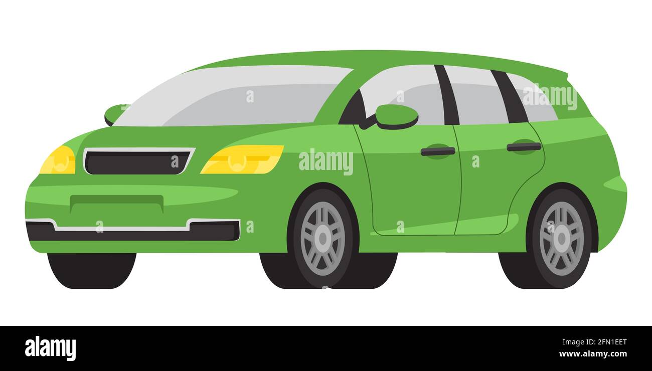Minivan drei Viertel Ansicht. Grünes Automobil im Cartoon-Stil. Stock Vektor
