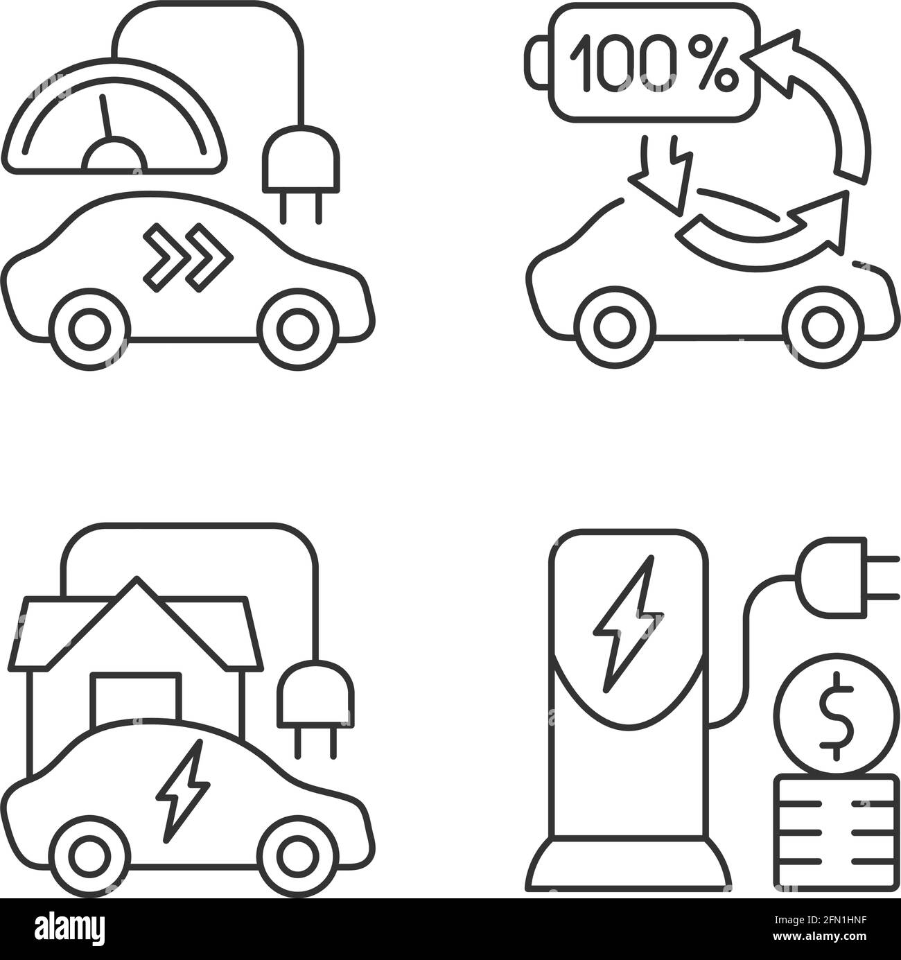 Lineare Symbole zum Aufladen von Elektrofahrzeugen eingestellt Stock Vektor