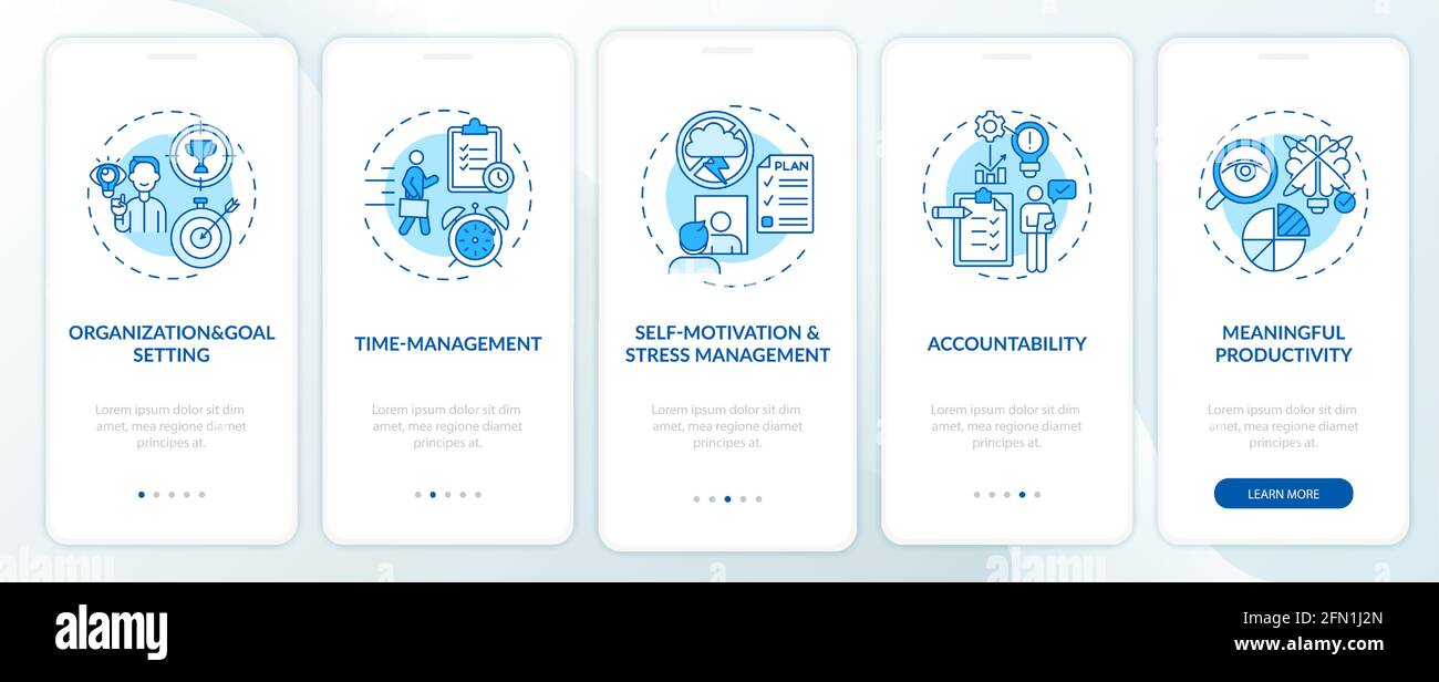 Self-Management-Fähigkeiten Blue Onboarding Mobile App Page Screen mit Konzepten Stock Vektor