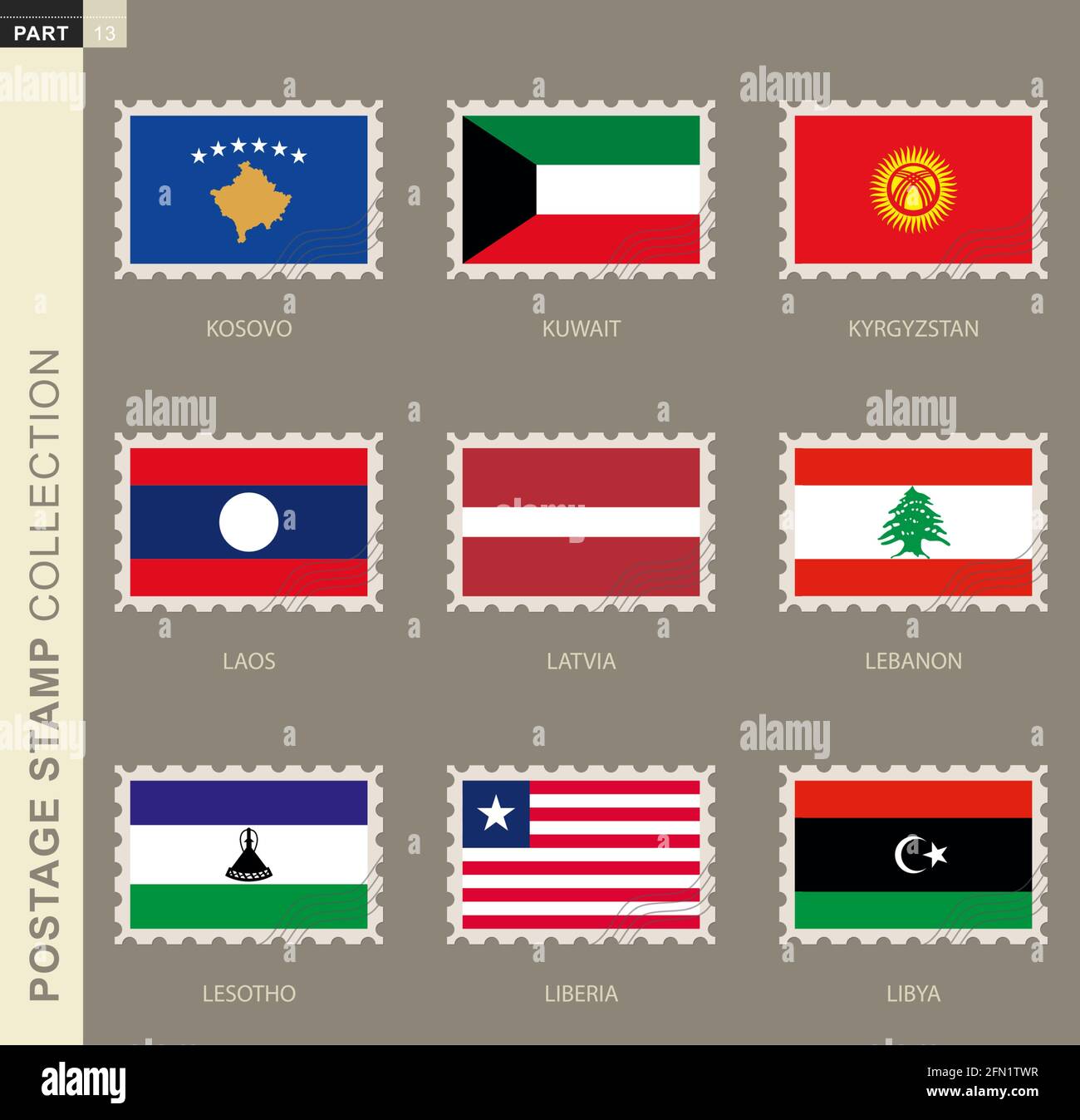 Briefmarke mit Flagge, Sammlung von 9 Flaggen: Kosovo, Kuwait, Kirgisistan, Laos, Lettland, Libanon, Lesotho, Liberia, Libyen Stock Vektor
