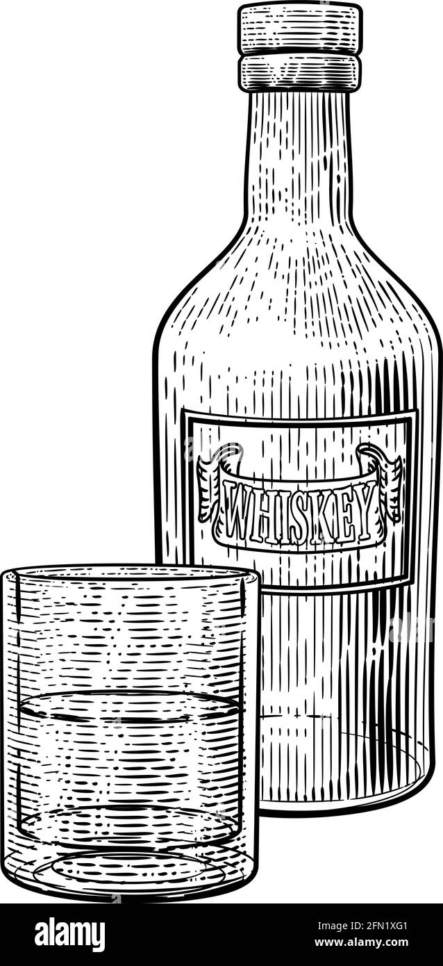 Whiskey-Flasche und Glasgetränk Gravur Ätzung Stock Vektor