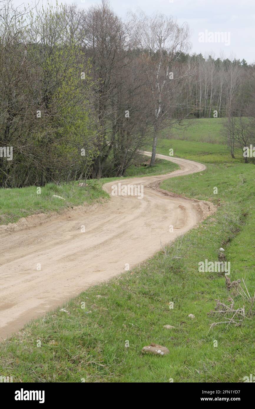 Kurvige Zickzack Schotterstraße durch die Bäume und Büsche weiter Eine Seite und grüne Wiese auf der anderen in Litauen Stockfoto