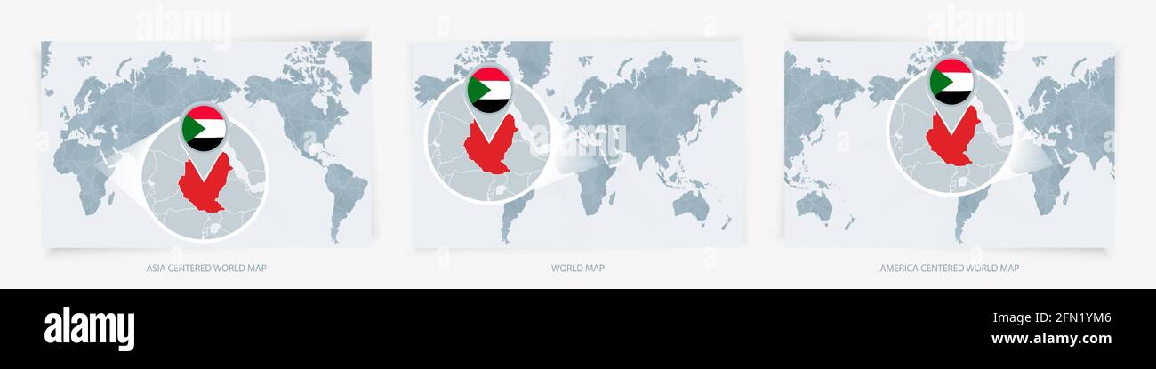 Drei Versionen der Weltkarte mit der vergrößerten Landkarte des Sudan mit Flagge. Europa, Asien und Amerika zentrierte Weltkarten. Stock Vektor