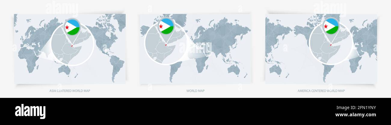Drei Versionen der Weltkarte mit der vergrößerten Karte von Dschibuti mit Flagge. Europa, Asien und Amerika zentrierte Weltkarten. Stock Vektor