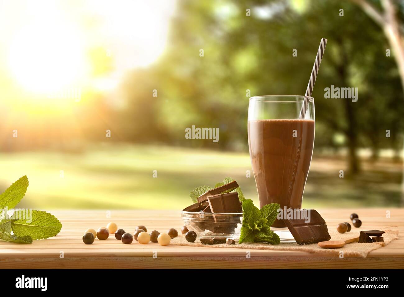 Milchschokolade mit Portionen dunkler Schokolade und Minze schütteln Auf Holztisch in der Natur Stockfoto