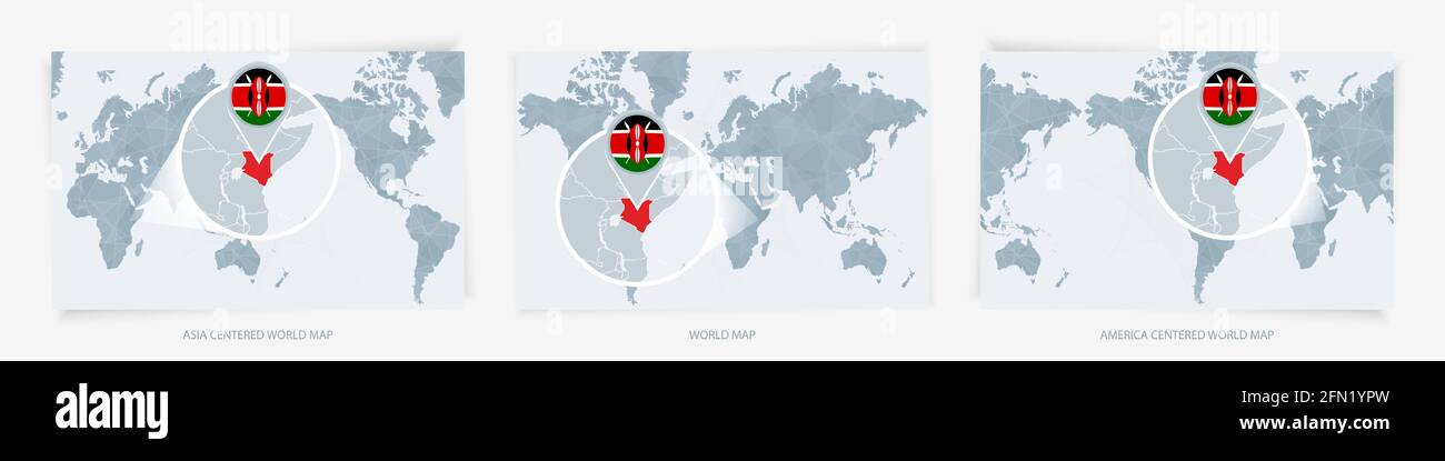 Drei Versionen der Weltkarte mit der vergrößerten Karte von Kenia mit Flagge. Europa, Asien und Amerika zentrierte Weltkarten. Stock Vektor