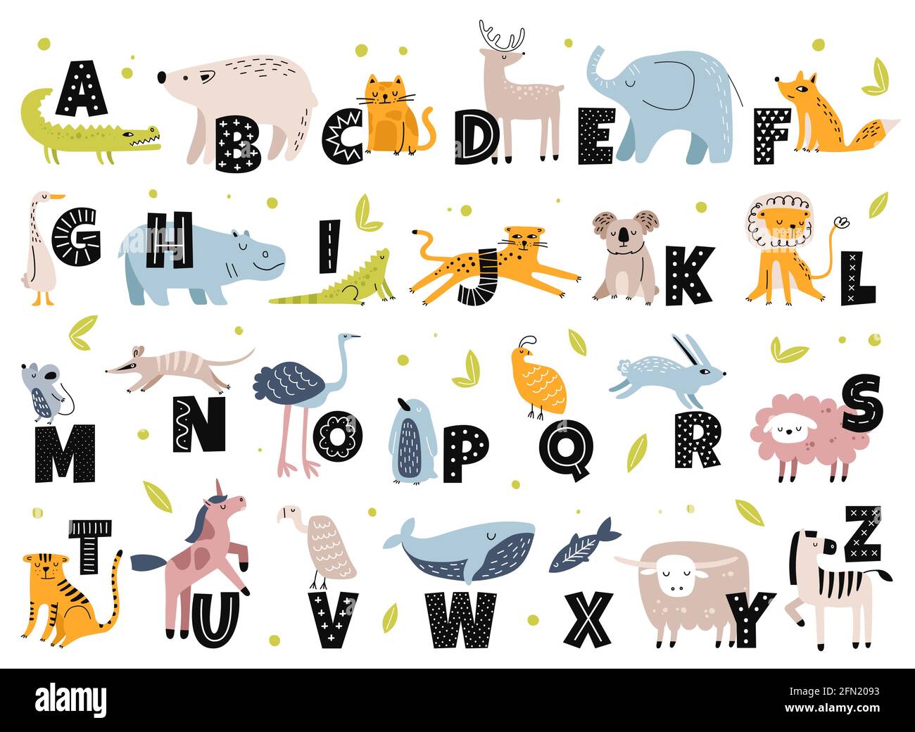 Tierisches Alphabet im skandinavischen Stil. Niedlicher Elefant, Fuchs