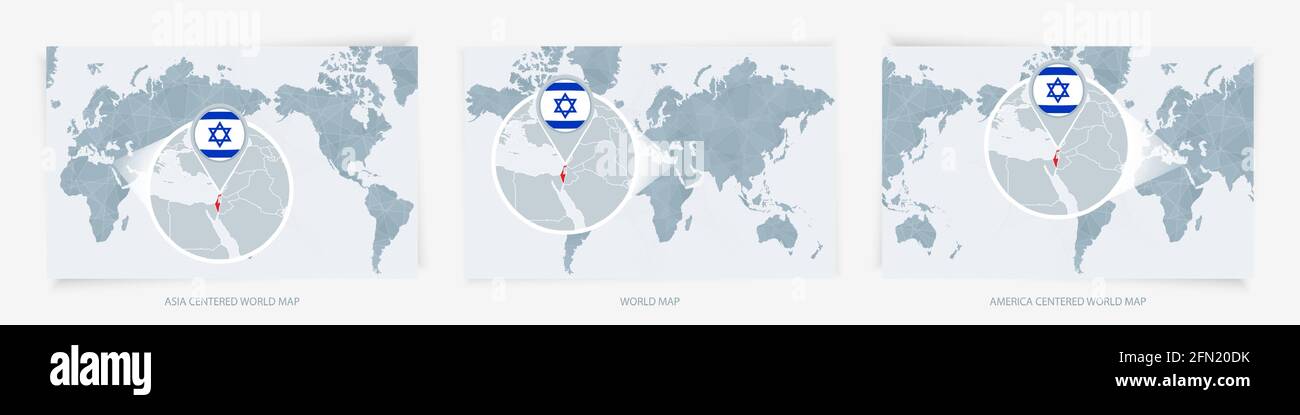 Drei Versionen der Weltkarte mit der vergrößerten Karte von Israel mit Flagge. Europa, Asien und Amerika zentrierte Weltkarten. Stock Vektor
