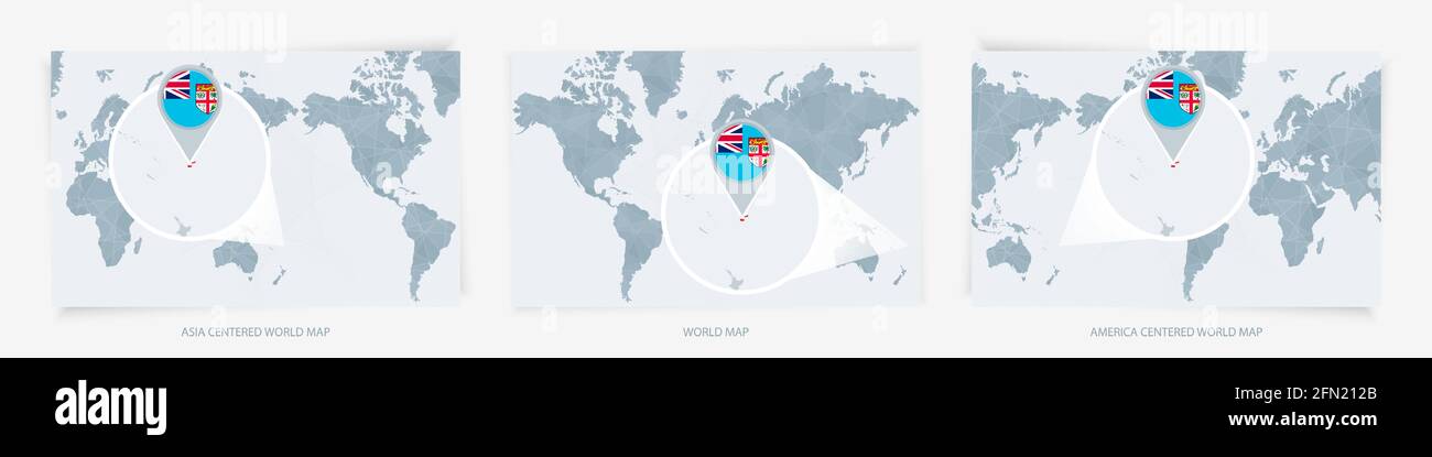 Drei Versionen der Weltkarte mit der vergrößerten Karte von Fidschi mit Flagge. Europa, Asien und Amerika zentrierte Weltkarten. Stock Vektor