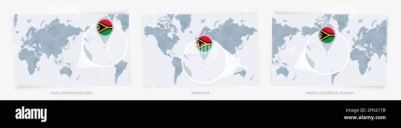 Drei Versionen der Weltkarte mit der vergrößerten Karte von Vanuatu mit Flagge. Europa, Asien und Amerika zentrierte Weltkarten. Stock Vektor