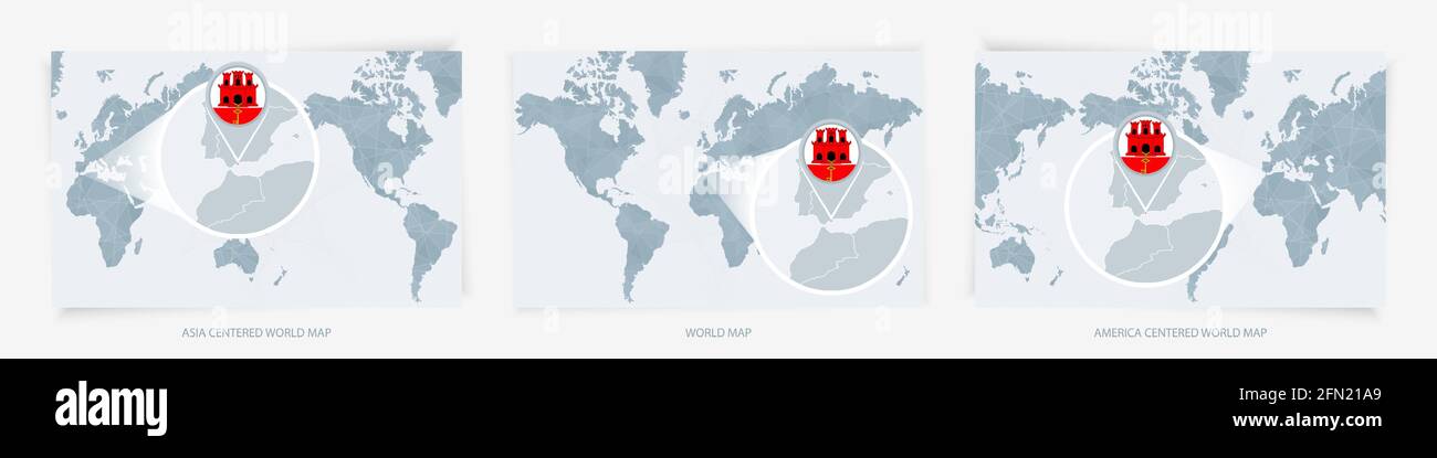 Drei Versionen der Weltkarte mit der vergrößerten Karte von Gibraltar mit Flagge. Europa, Asien und Amerika zentrierte Weltkarten. Stock Vektor