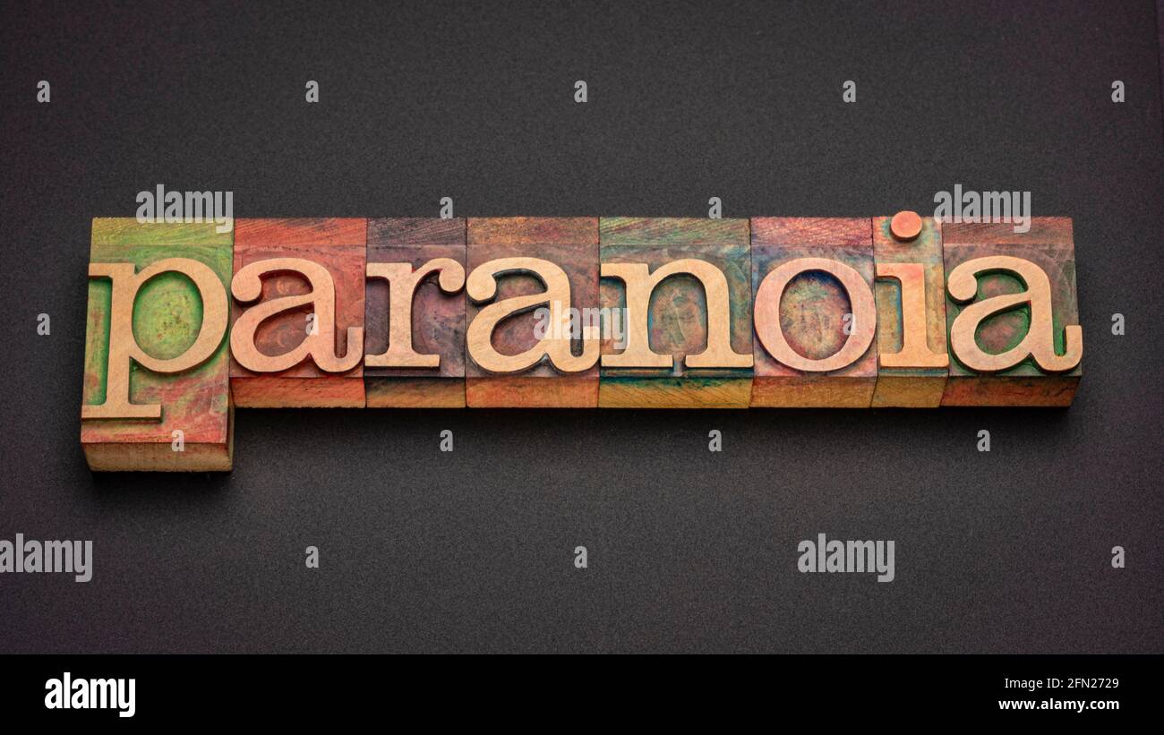 Paranoia Wort abstrakt in Vintage-Buchdruck Holzart, psychische Gesundheit Konzept Stockfoto