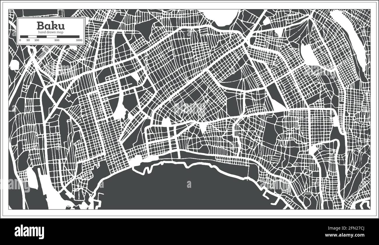 Baku Aserbaidschan Stadtplan in Schwarz-Weiß-Farbe im Retro-Stil. Übersichtskarte. Vektorgrafik. Stock Vektor