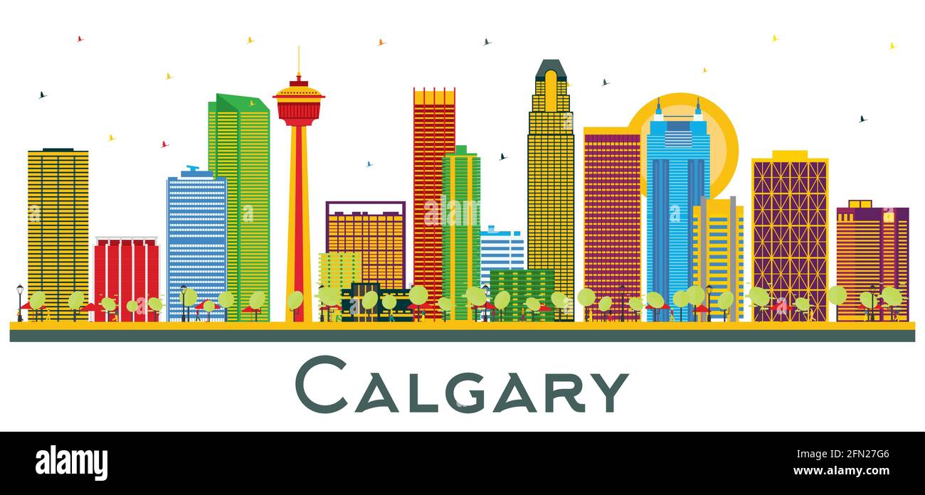 Skyline von Calgary, Kanada, mit farbigen Gebäuden, isoliert auf Weiß. Vektorgrafik. Business Travel und Tourismus Konzept. Stock Vektor