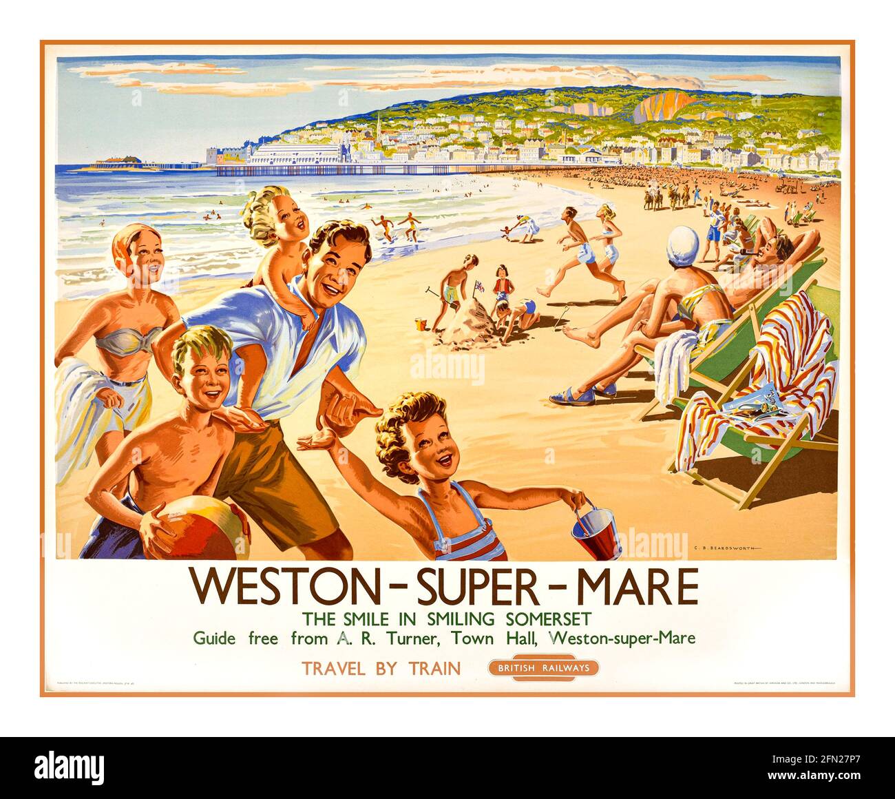 Vintage 1950 Weston-super-Mare Railway Poster 1959 Künstler: C B Beardsworth Weston-super-Mare. Das Lächeln im lächelnden Somerset. Führung frei von A.R. Turner, Rathaus, Weston-super-Mare. Anreise mit dem Zug. British Railways. Stockfoto
