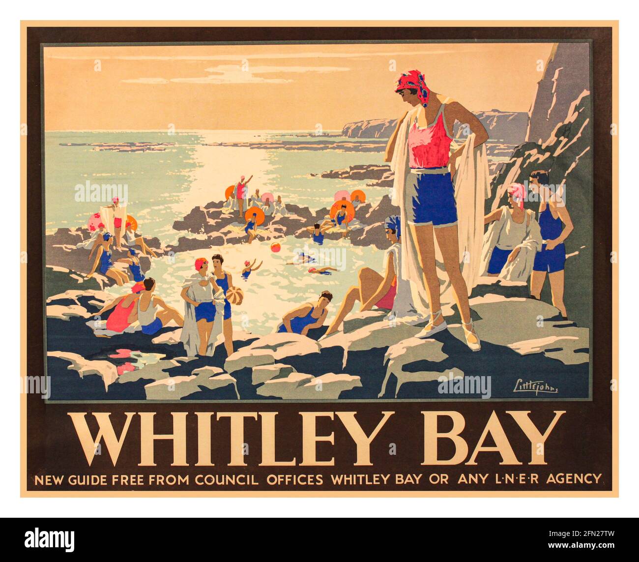 Vintage 1930er Whitley Bay Poster Strandszene und Badegäste LNER Rail Travel Poster Whitley Bay ist eine Küstenstadt an der Nordostküste Englands. Historisch gesehen wird es in Northumberland als Teil des Bezirks North Tyneside in Tyne and Wear verwaltet. VEREINIGTES KÖNIGREICH Stockfoto