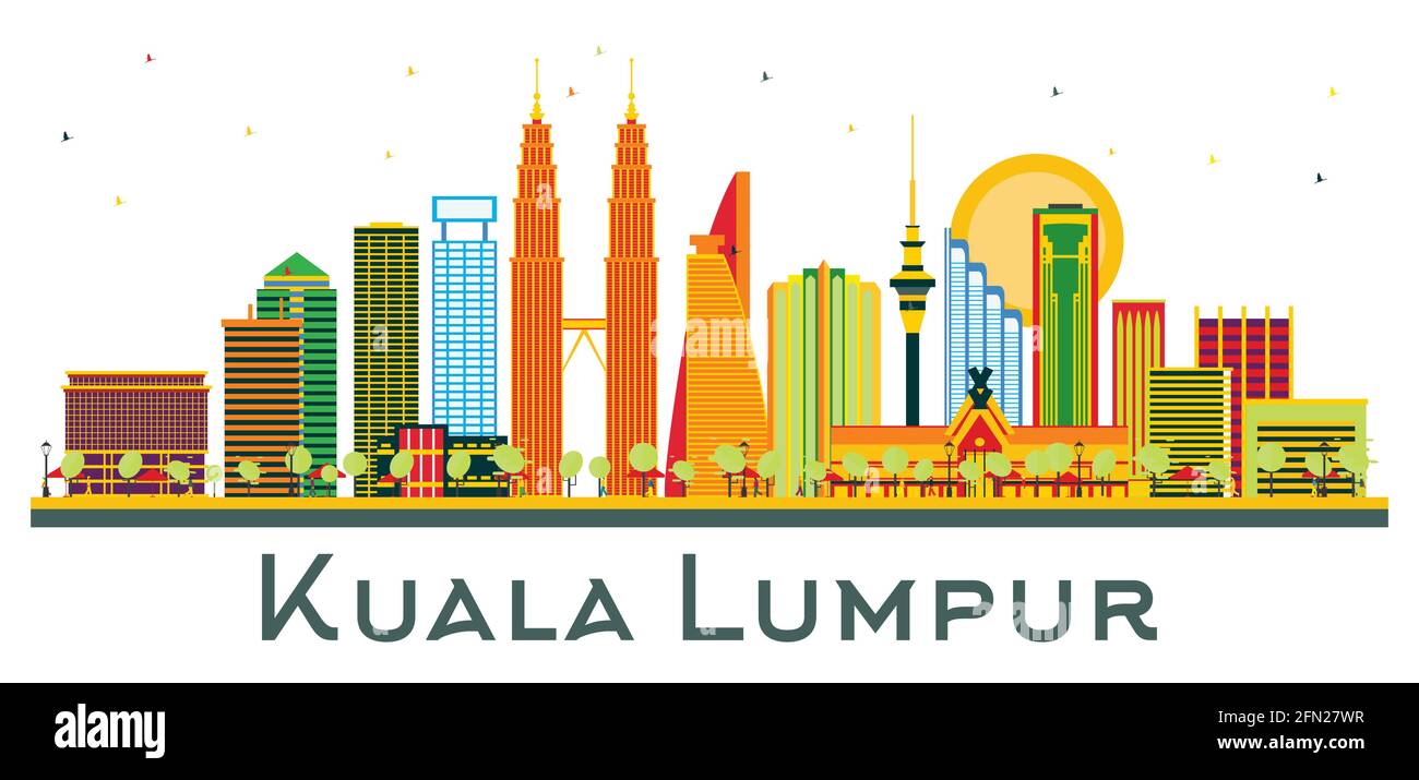 Kuala Lumpur Malaysia City Skyline mit farbigen Gebäuden isoliert auf Weiß. Vektorgrafik. Business Travel und Tourismus Konzept. Stock Vektor