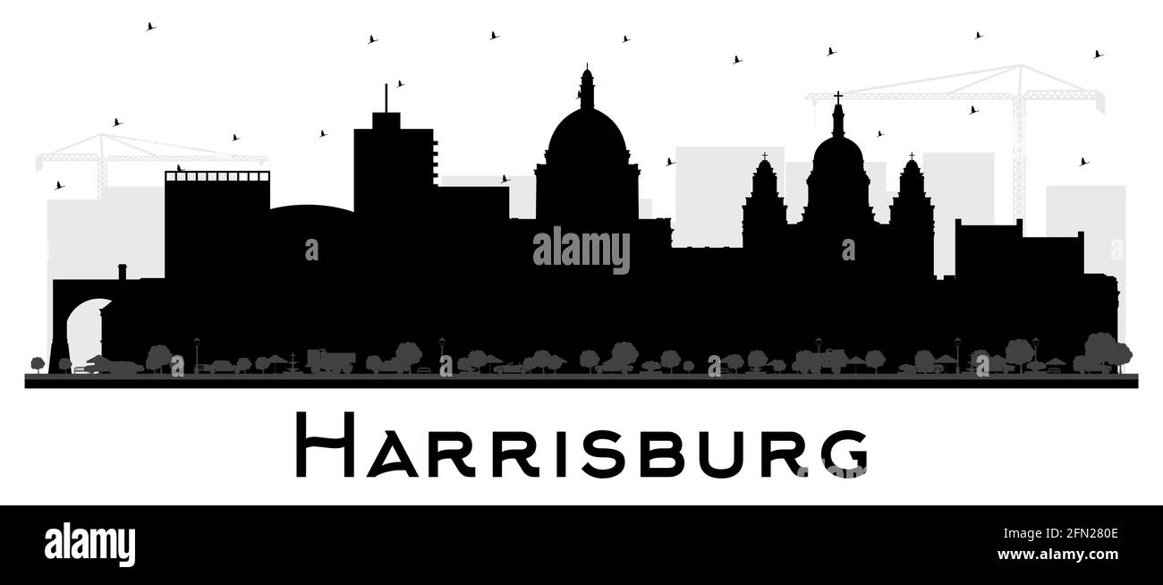 Harrisburg Pennsylvania City Skyline Silhouette mit schwarzen Gebäuden isoliert auf Weiß. Vektorgrafik. Harrisburg USA Stadtbild mit Wahrzeichen. Stock Vektor