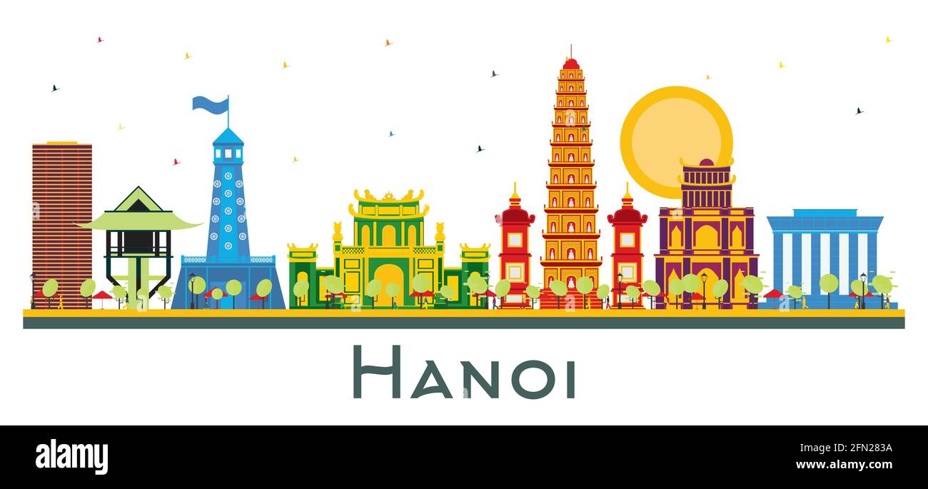 Hanoi Vietnam City Skyline mit farbigen Gebäuden isoliert auf Weiß. Vektorgrafik. Business Travel und Tourismus Konzept mit historischer Architektur Stock Vektor