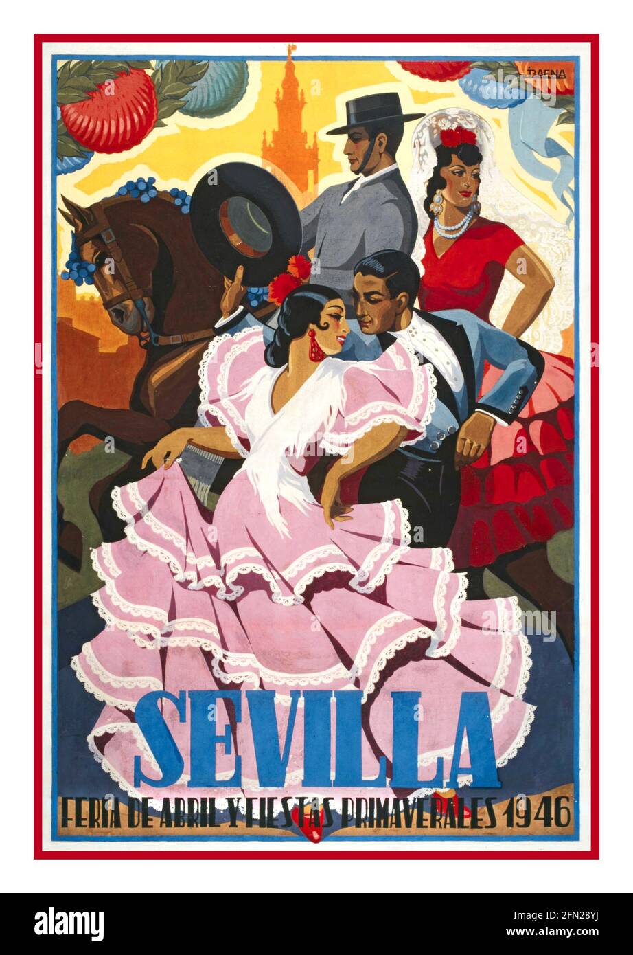 SEVILLA Vintage Spanish Travel Poster Spanien 1946 Sevilla April Fair Travel Poster Vintage 1946 Werbeplakat von J. Baena kündigt die jährliche Sevilla April Fair Fiesta an, die jedes Jahr in der andalusischen Hauptstadt Spanien stattfindet Stockfoto