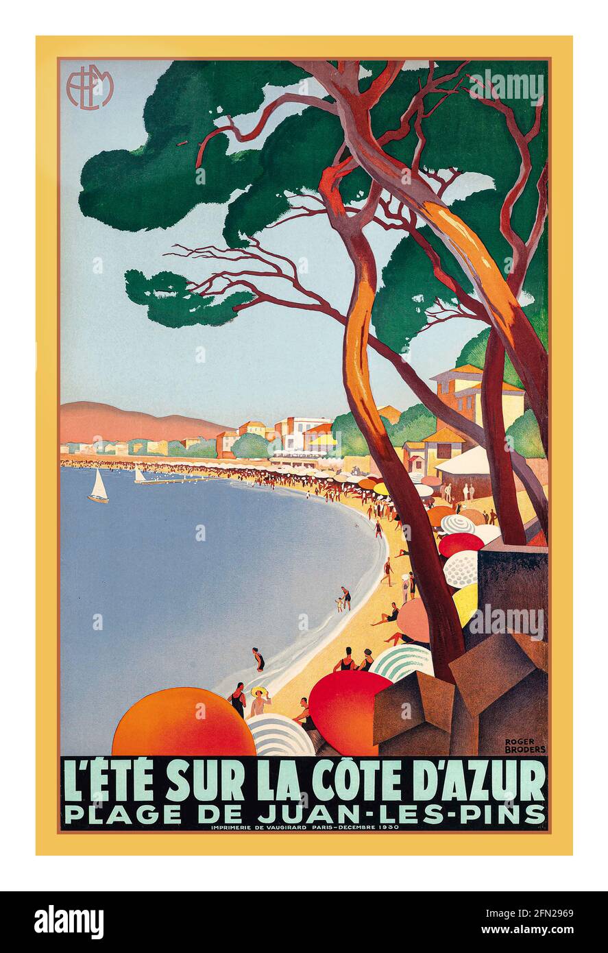 30er Jahre Vintage L'ETE SUR LA COTE D'AZUR Plage de Juan-les-Pins Südfrankreich von Roger Broders PLM Französisches Eisenbahn-Plakat Art Deco PLM Eisenbahn-Plakat für ‘Summer on the Cote d'Azur’ Juan-Les-Pins Vintage Reise-Plakate, Französische riviera, Stockfoto