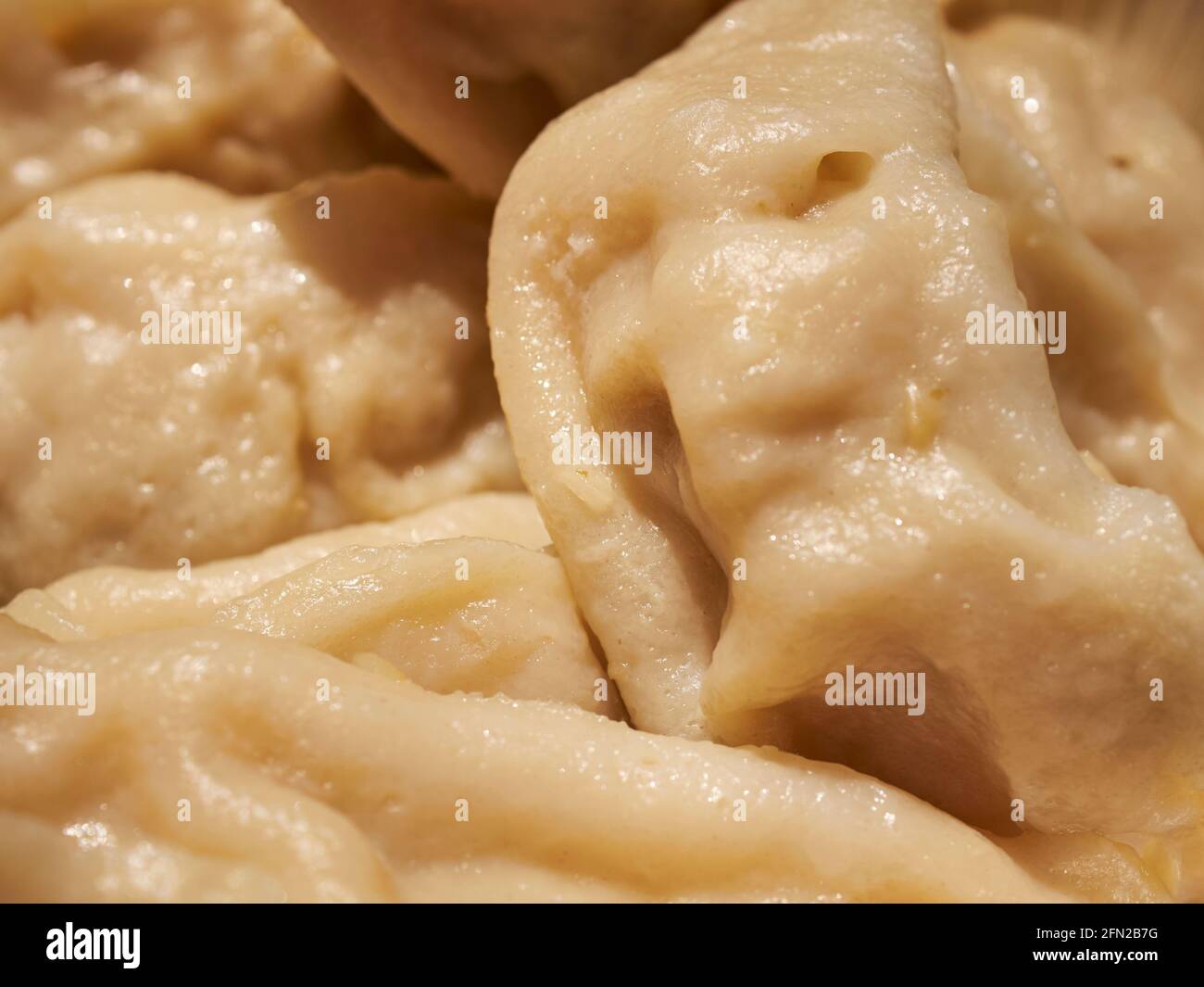 Ein Teller mit Momos, ein klassisches Essen Tibets im Diversity Plaza, Jackson Heights, Queens, New York, USA Stockfoto