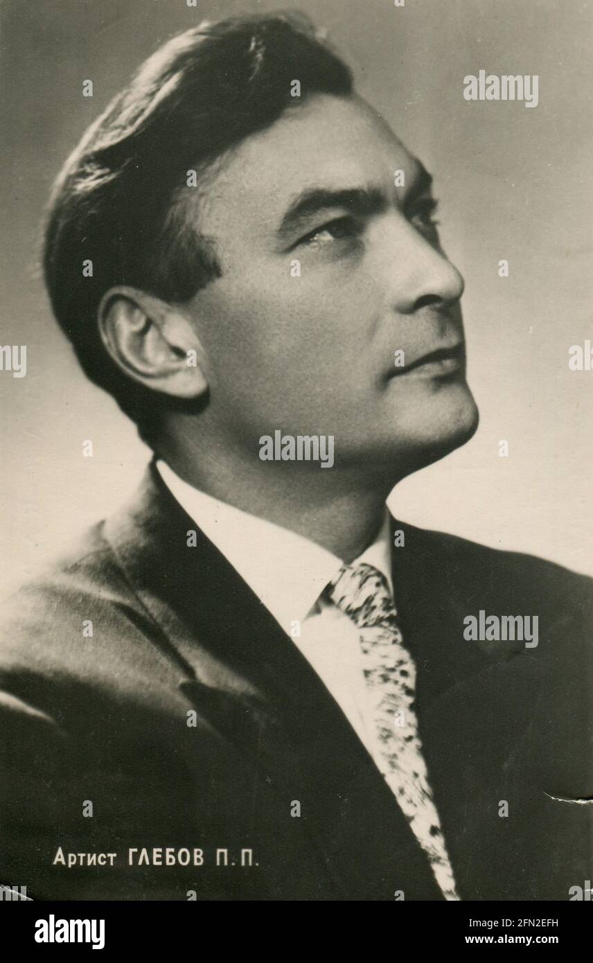 Pjotr Petrowitsch Glebov (Пётр Петрович Глебов; 14. April 1915 – 17. April 2000), war ein russischer Filmschauspieler aus der adligen Familie Glebov, deren frühe Generationen im Samtenen Buch des 17. Jahrhunderts aufgeführt sind. Alte Postkarte aus der UdSSR, 1961. Stockfoto