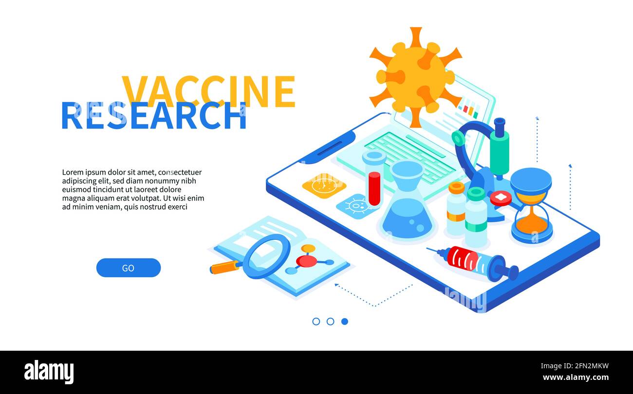 Impfstoffforschung - modernes, farbenfrohes isometrisches Webbanner mit Platz für Text. Abbildung mit Mikroskop, Spritze, Röhrchen, Kolben auf Smartphone sc Stock Vektor