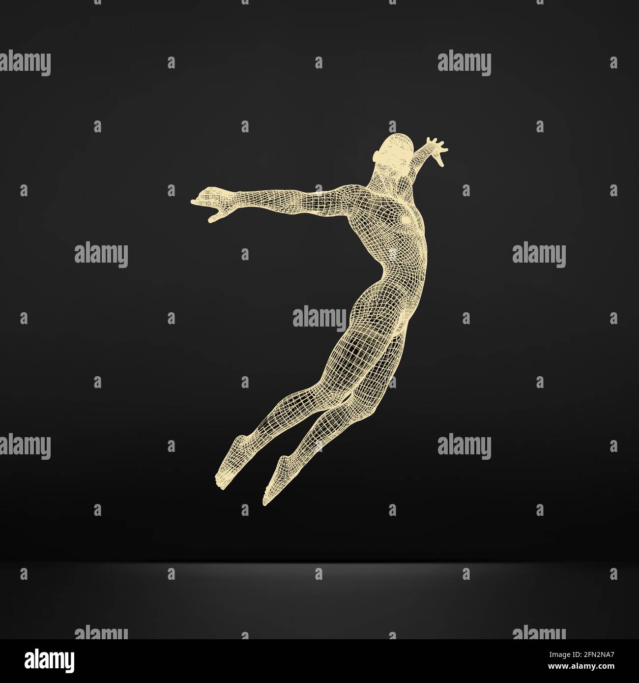 Silhouette eines springenden Menschen. 3D-Modell des Menschen. Geometrischen Design. Polygonale bedeckenden Haut. Menschliche Körper Kabel Modell. Vector Illustration. Stock Vektor