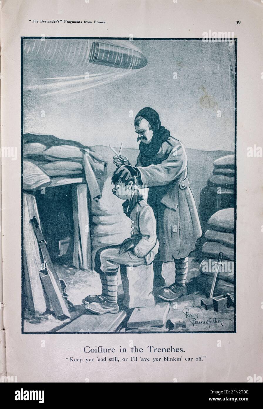 Bruce Bairnsfather The Bystanders Fragmente aus France Vol. 1 Complete Magazine minus Innenteil des Rückeinbänders. Ausrichtung und Farben sind wie im Original Stockfoto