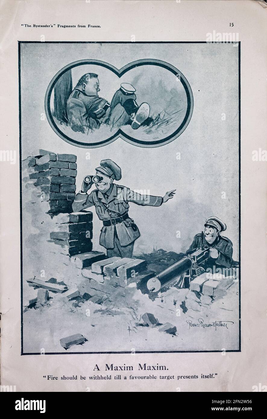 Bruce Bairnsfather The Bystanders Fragmente aus France Vol. 1 Complete Magazine minus Innenteil des Rückeinbänders. Ausrichtung und Farben sind wie im Original Stockfoto