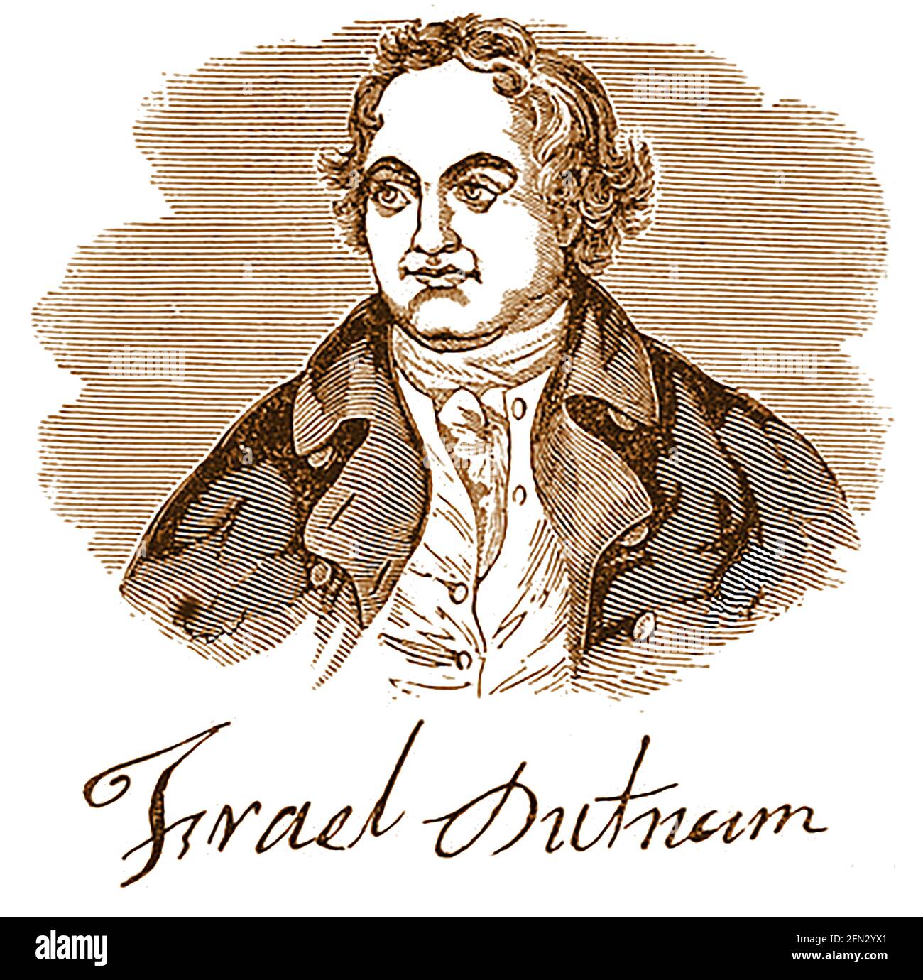 1856 Porträt und Unterschrift von Israel Putnam ( 1718 – 1790), im Volksmund bekannt als 'Old Put'. Er war ein amerikanischer Armeegeneral, der bat die Schlacht von Bunker Hill während des amerikanischen Revolutionskrieges kämpfte. Er war auch Rogers' Rangers während des französischen und indischen Krieges. Er überlebte vor allem die rituelle Verbrennung, nachdem er von Mohawk (Kahnawake)-Kriegern gefangen genommen wurde, als ein französischer Offizier während eines Regensturms eingriff, der seine Hinrichtung verzögert hatte. Stockfoto