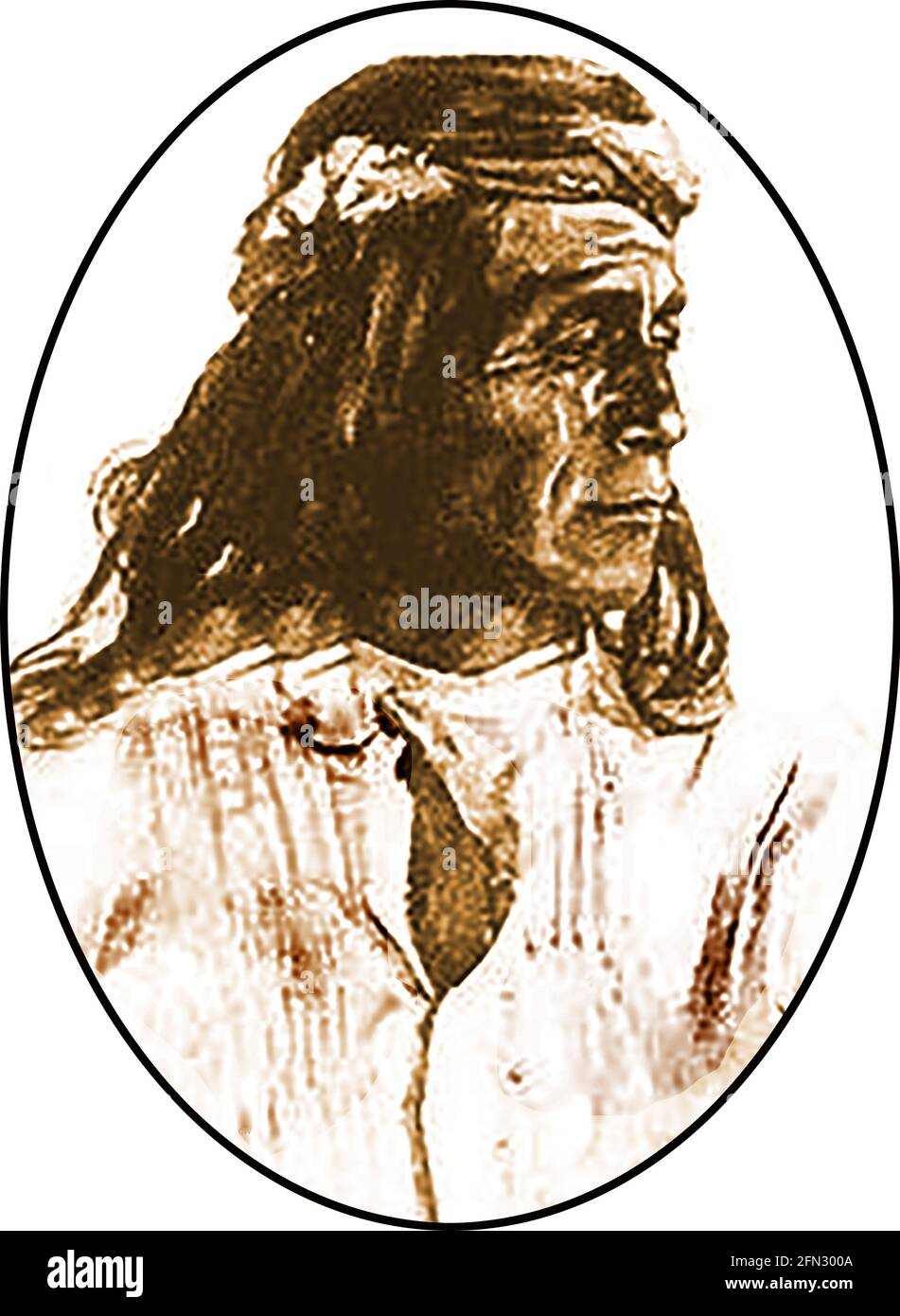 Ein frühes Porträt von Jose Hilario Montoya (1816-1847) , Gouverneur von Cochiti Pueblo und Bürgermeister von Talos, New Mexico. Auch bekannt als Pablo Montoya ist er hier in indianischer Kleidung zu sehen. Er wurde ein bemerkenswerter neumexikanischer Politiker, der sowohl bei der Revolte gegen die mexikanische Regierung von 1837 als auch beim Taos-Aufstand von 1847 gegen die Vereinigten Staaten (mexikanisch-amerikanischer Krieg) aktiv war. Er war der Sohn von Andres Montoya & Victoria Velarde und heiratete Maria Teresa Esquivel. Wegen seiner Beteiligung an der Revolte von 1847 wurden er und 14 andere zum Tode verurteilt und auf dem zentralen platz von Taos öffentlich aufgehängt. Stockfoto