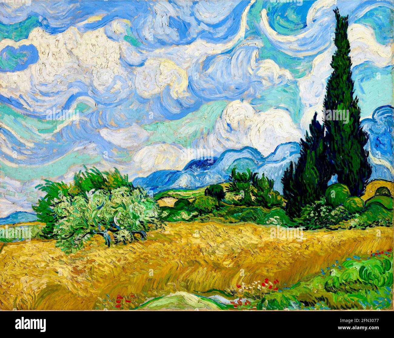 Vincent van Gogh Kunstwerk mit dem Titel Wheatfield with Cypress. Stockfoto