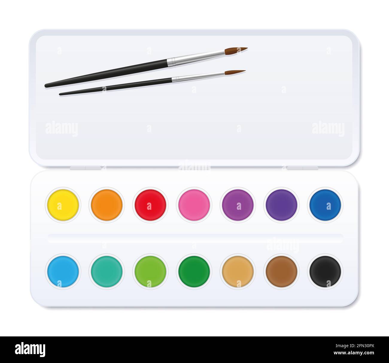 Aquarell-Farbkasten mit Pinsel und offenem Deckel und vierzehn runden Farbtöpfen - Illustration auf weißem Hintergrund. Stockfoto